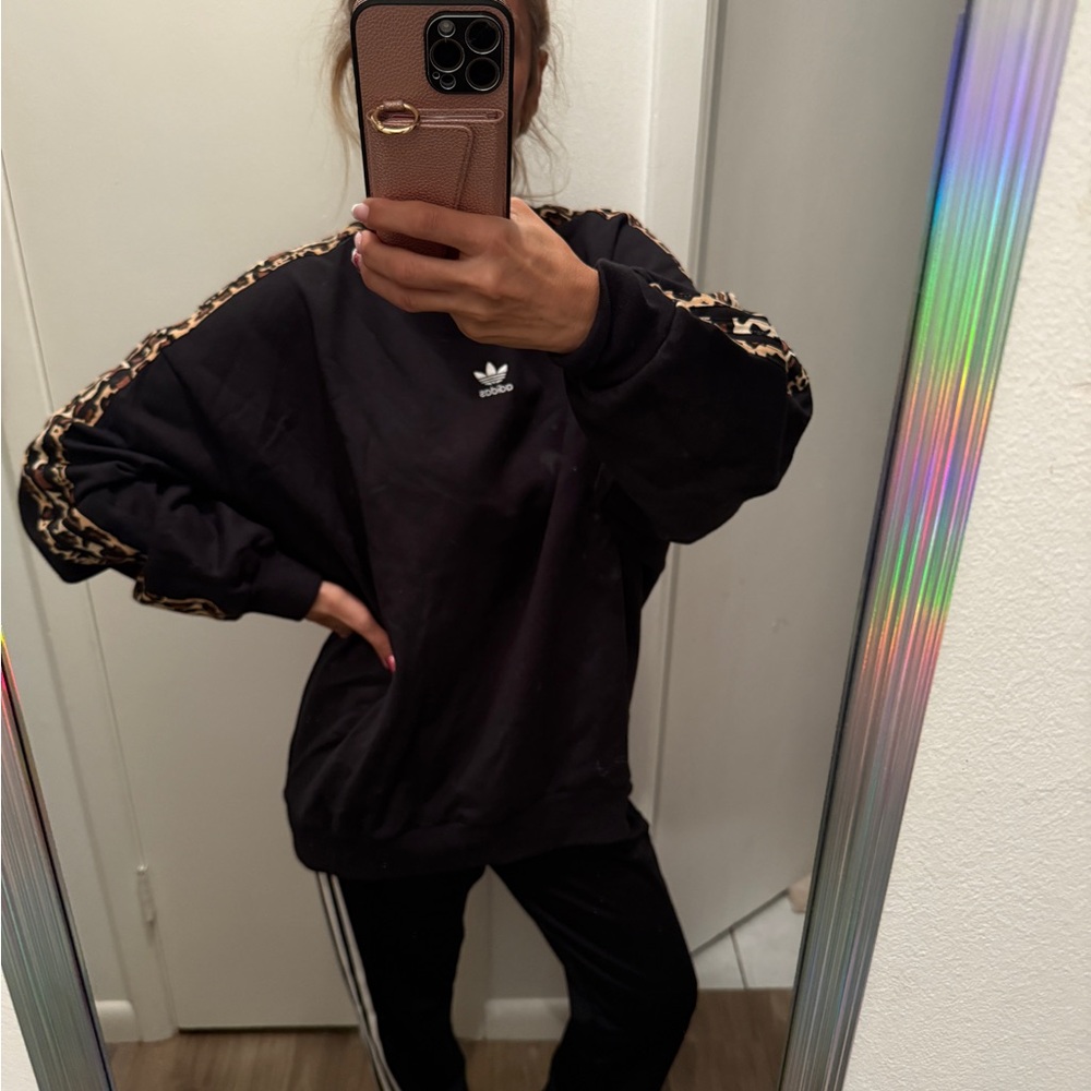 Adidas Women's Black Hoodie with Leopard Details